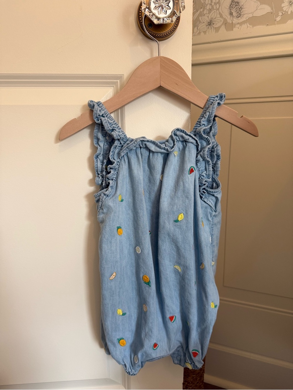Tucker + Tate Light Blue Fruit-Embroidered Denim Romper